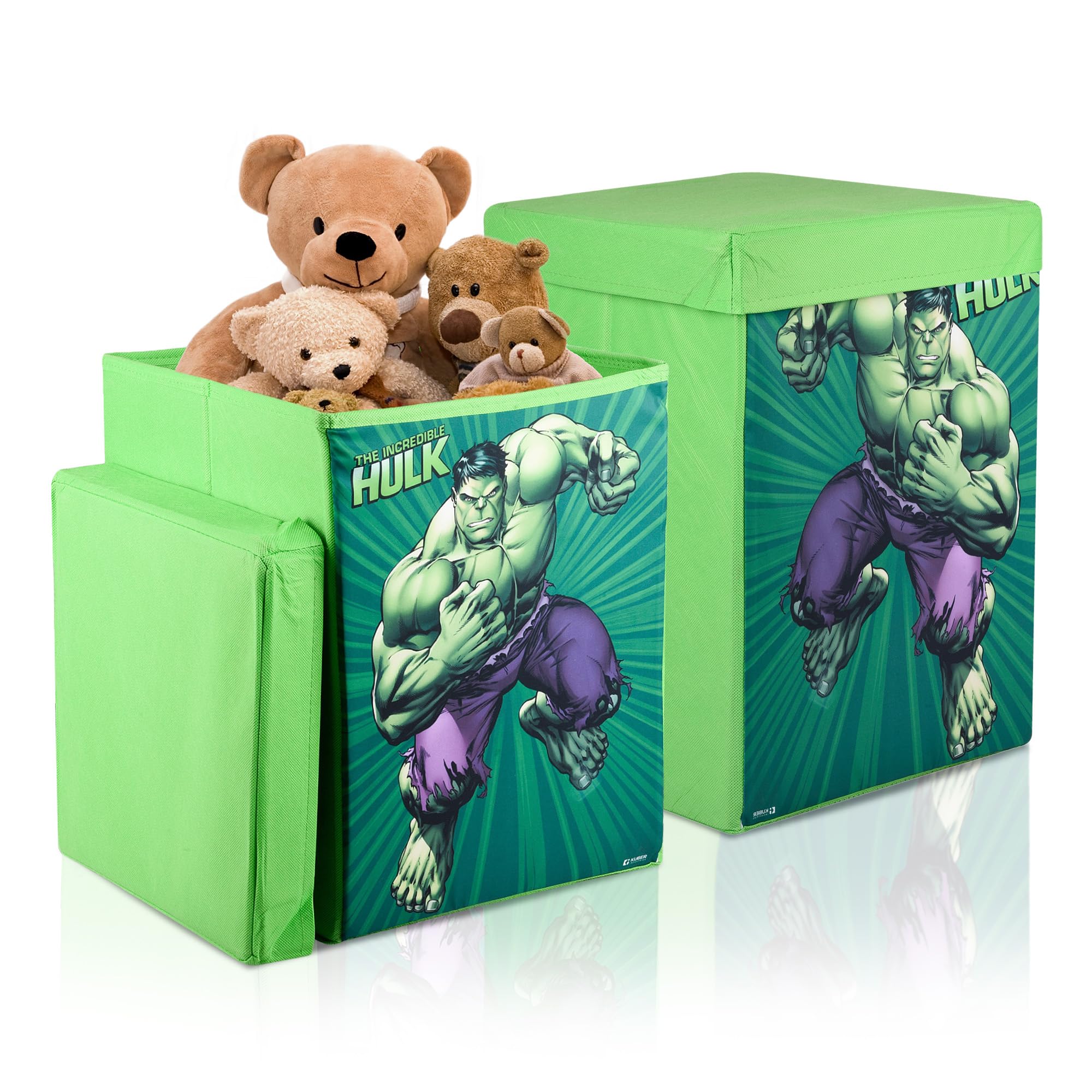 Kuber Industries Toy Storage Box | Laundry Basket for Toys | Folding Laundry Basket | Clothes Hamper with Lid & Handles | Storage Basket for Bathroom | Marvel Hulk | 60 LTR | Pack of 2 | Green