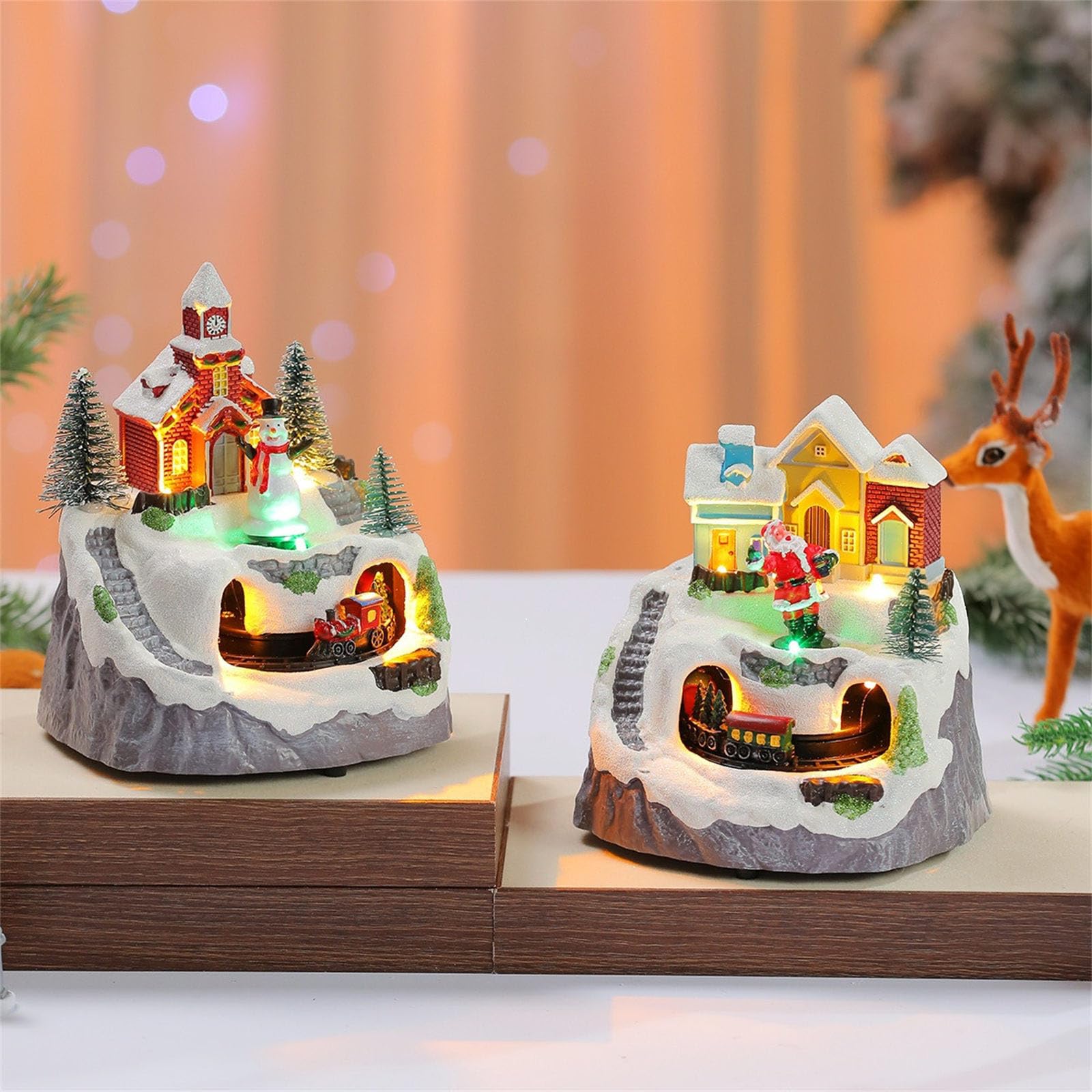 PANGBOER Scena Musicale Animata delle Case del Villaggio Natale con Figurine da Collezione Babbo Natale/Albero Rotante Decorazione Natalizia Decorazioni per la casa Statuetta delle Case del Villaggio