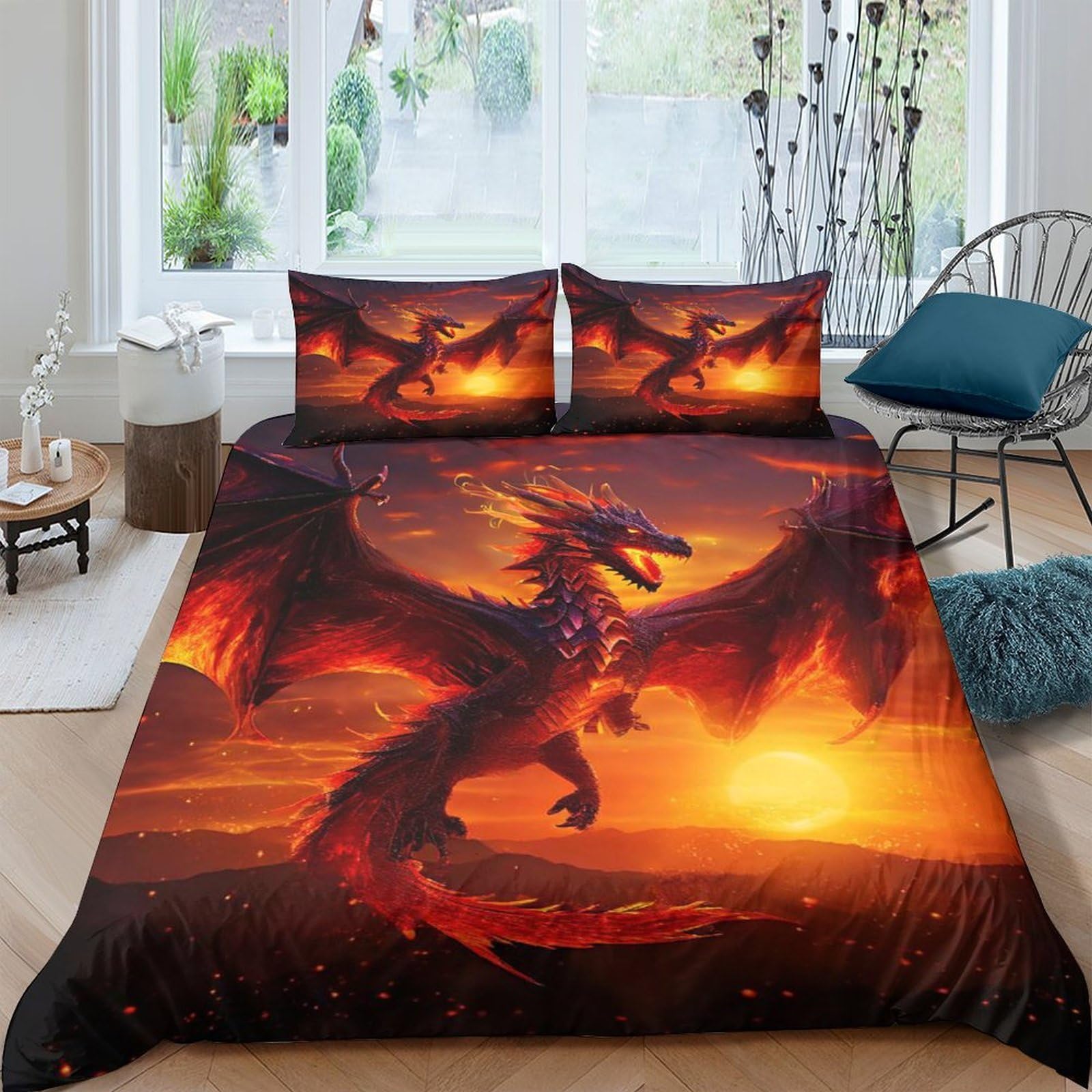 Ctjqhvkz Style-2 3D Printed Fire Dragon Fitted Sheet Microfiber Anti-Slip Sunset Scene Bed Cover For Bedroom Guest Room Easy Care Single（135X200cm）