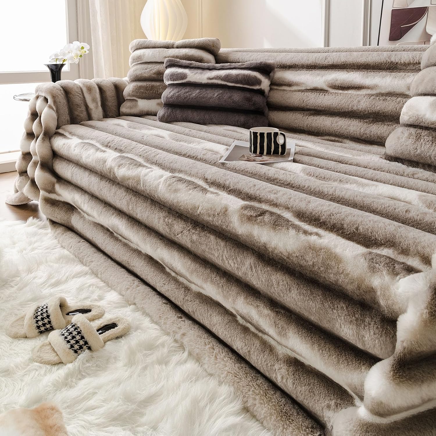 vctops Faux Rabbit Fur Sofa Covers for Sectional Sofa Luxury Gradient Color Couch Cover for Dogs Coffee Ombre Loveseat Covers Futon Cover L Shaped Cover Washable Couch Protector (Coffee,71"x51")