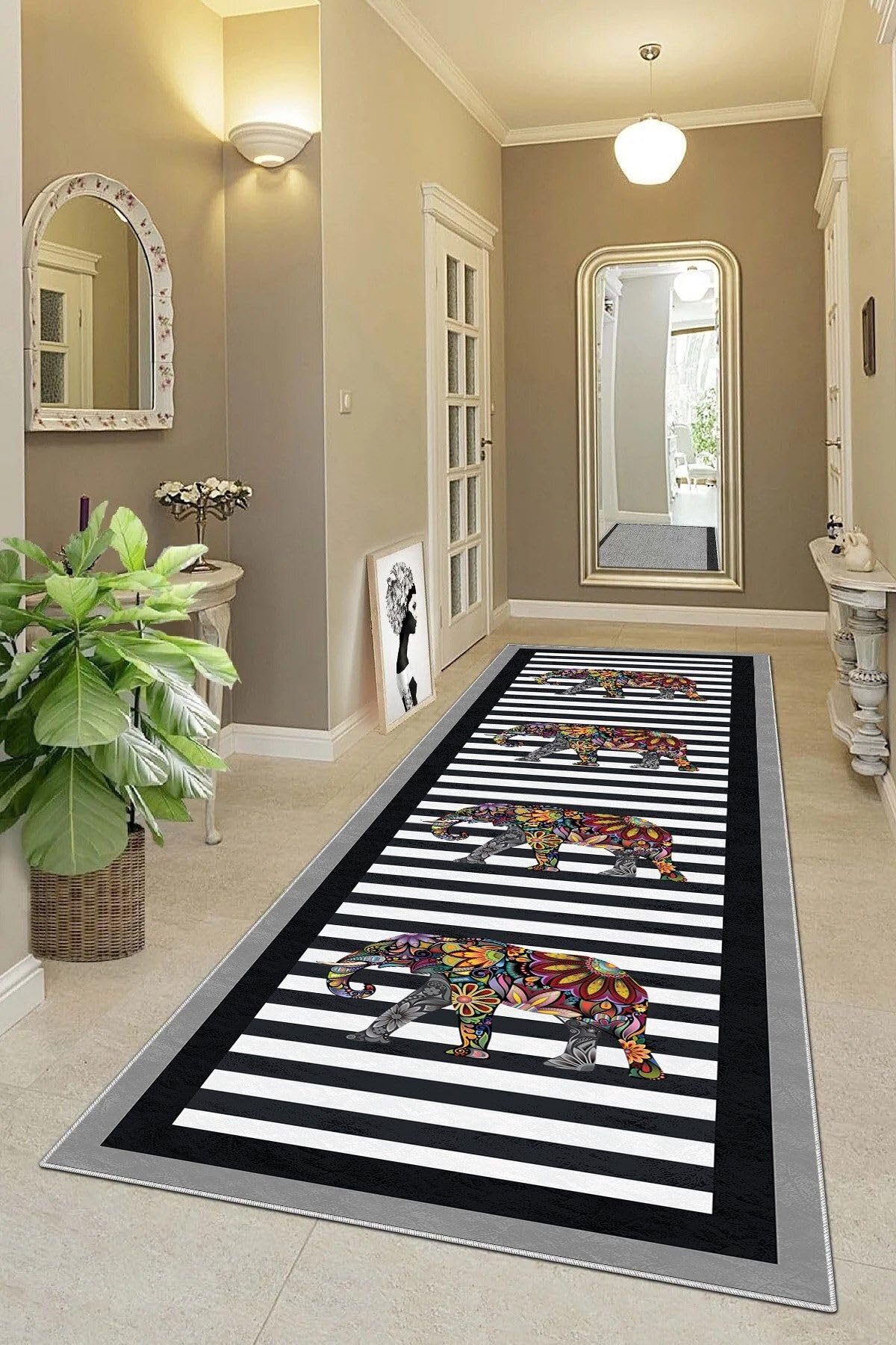 Pelangi Fil Desenli Etnik Dijital Baskı Yıkanabilir Modern Salon Filli Halı ve Yolluk (Siyah), Siyah 80 x 600, 95541223806007