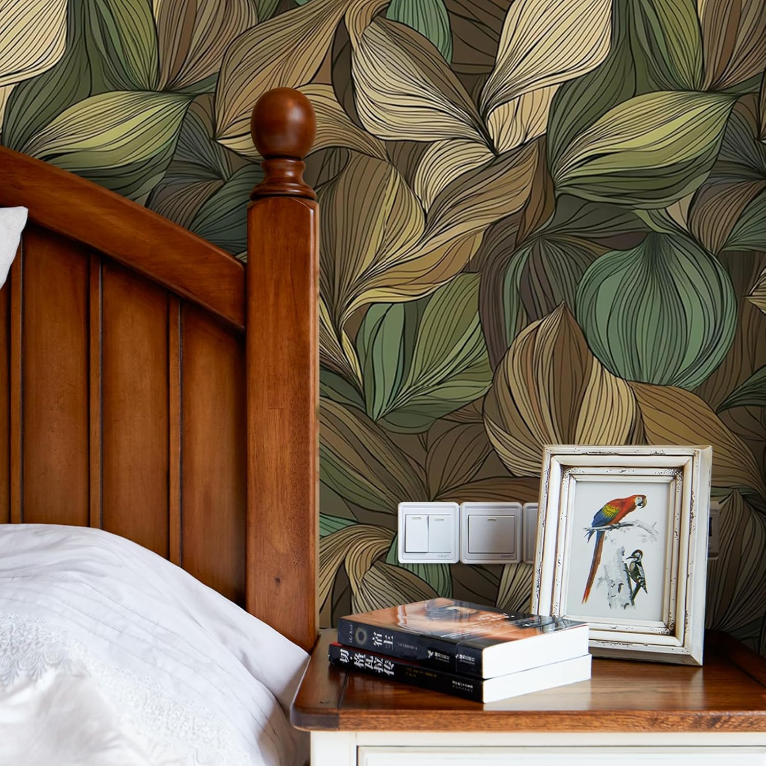 Botanical Leaf Wallpaper Peel and Stick Self Adhesive Boho Tropical Beige Green Vintage Vivid Thick Leaves Contact Paper Removable Waterproof for Bedroom Renter Friendly 17.71"x118.1"