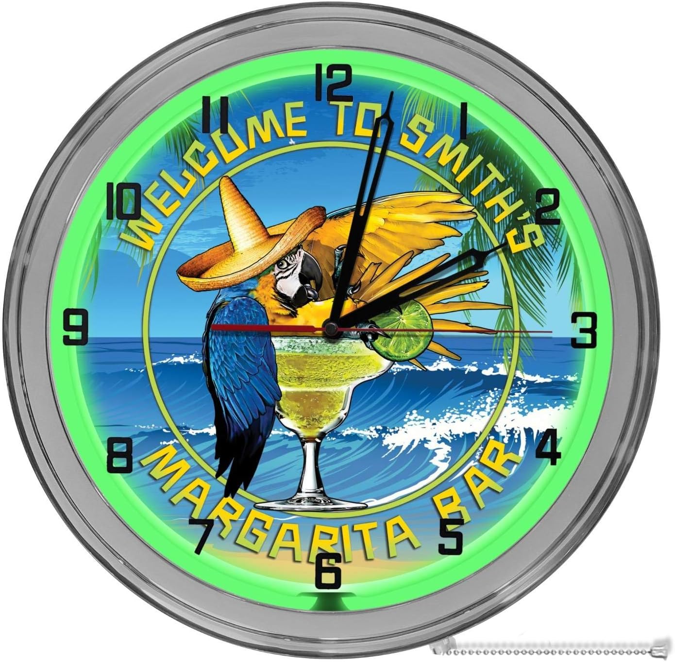 Margarita Parrot Tiki Bar 16" Light Up Orange Neon Clock