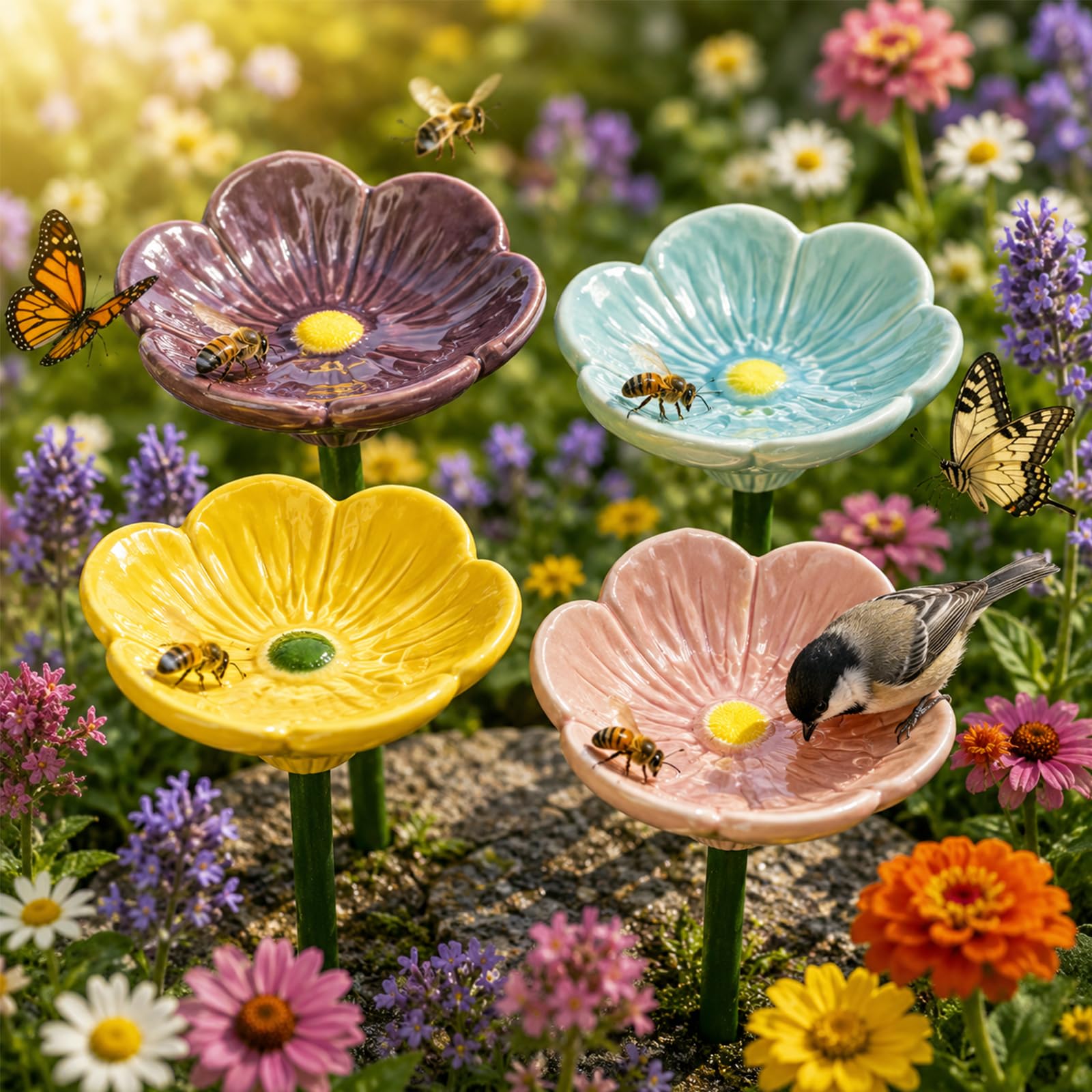 Garden Ceramic Bee Watering Station, Poppy Flower Bird Bath, Weather Resistant Hummingbird Feeders & Insect Waterer for Outdoor Decor (4pcsa)