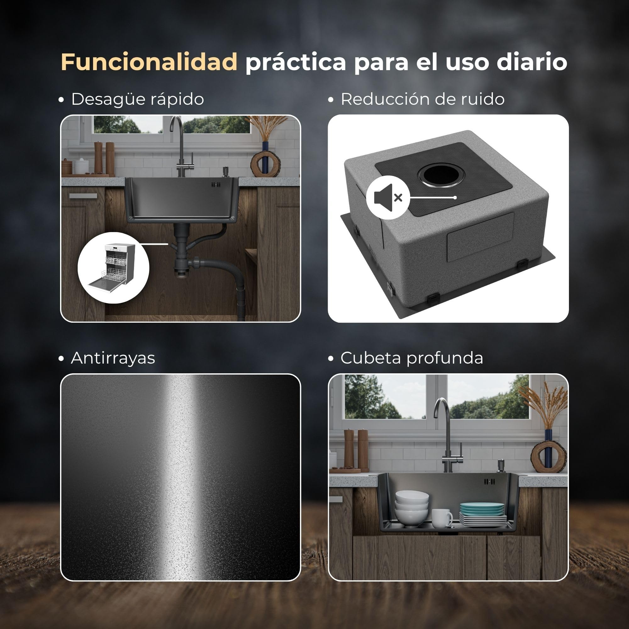 ANW HOME Fregadero Cocina 1 Seno, Acero Inoxidable 60x45 cm, Fregadero sobre Encimera Grafito PVD con Superficie Nano, Grosor 3,0+1 mm, con Sifón Dosificador de Jabón y Cesta