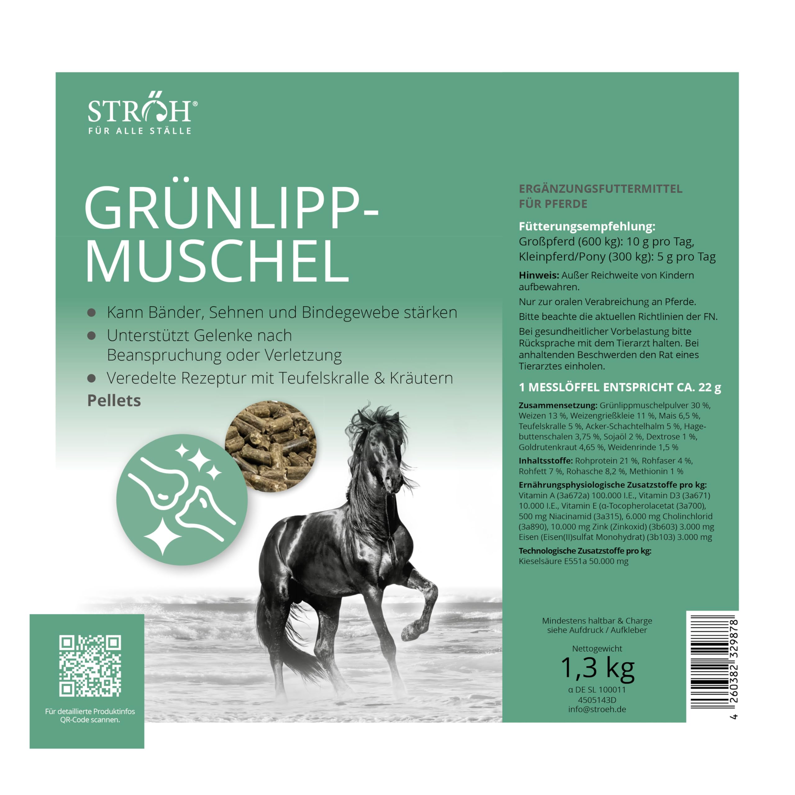 STRÖH Grünlippmuschel Pellets für Pferde - 1,3 kg Feedbox Dose - Natürlich