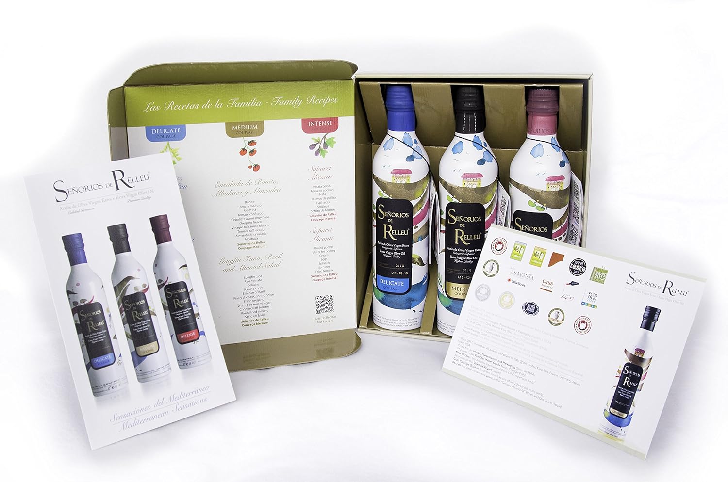 Señorios de Relleu. Delicate Medium and Intense Coupage Extra Virgin Olive Oil. La Familia Gift Box. 3 bottles of 500ml (16.91oz) each