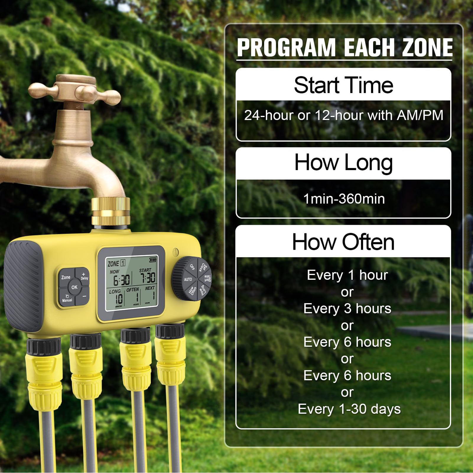 Hyuduo Timer di Irrigazione, Controller di Irrigazione 4 Zone Programmabili in Ottone 3/4 Pollici in Modo, Timer di Irrigatore IPX5, Timer di Irrigazione Programmabile del di