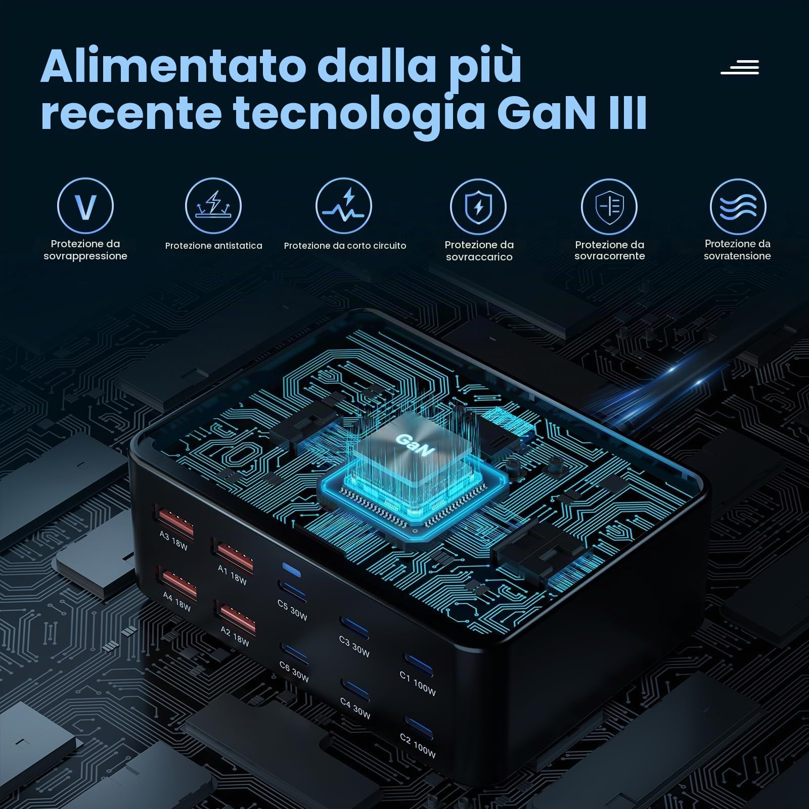 Caricatore USB C da 330 W, PD 100 W, 10 porte, GaN III, stazione di ricarica USB-C GaN Charger per MacBook Pro/Air, laptop, iPhone 17/16 Pro/iPad, Samsung, Pixel, Galaxy, Steam Deck