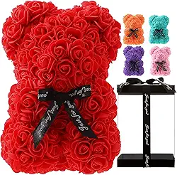 Ursinho de pelúcia rosa feito à mão, para namorada e filha, 25,4 cm, presente de flor rosa para o dia dos namorados, dia das mães, casamento, caixa de presente transparente de aniversário (vermelha)