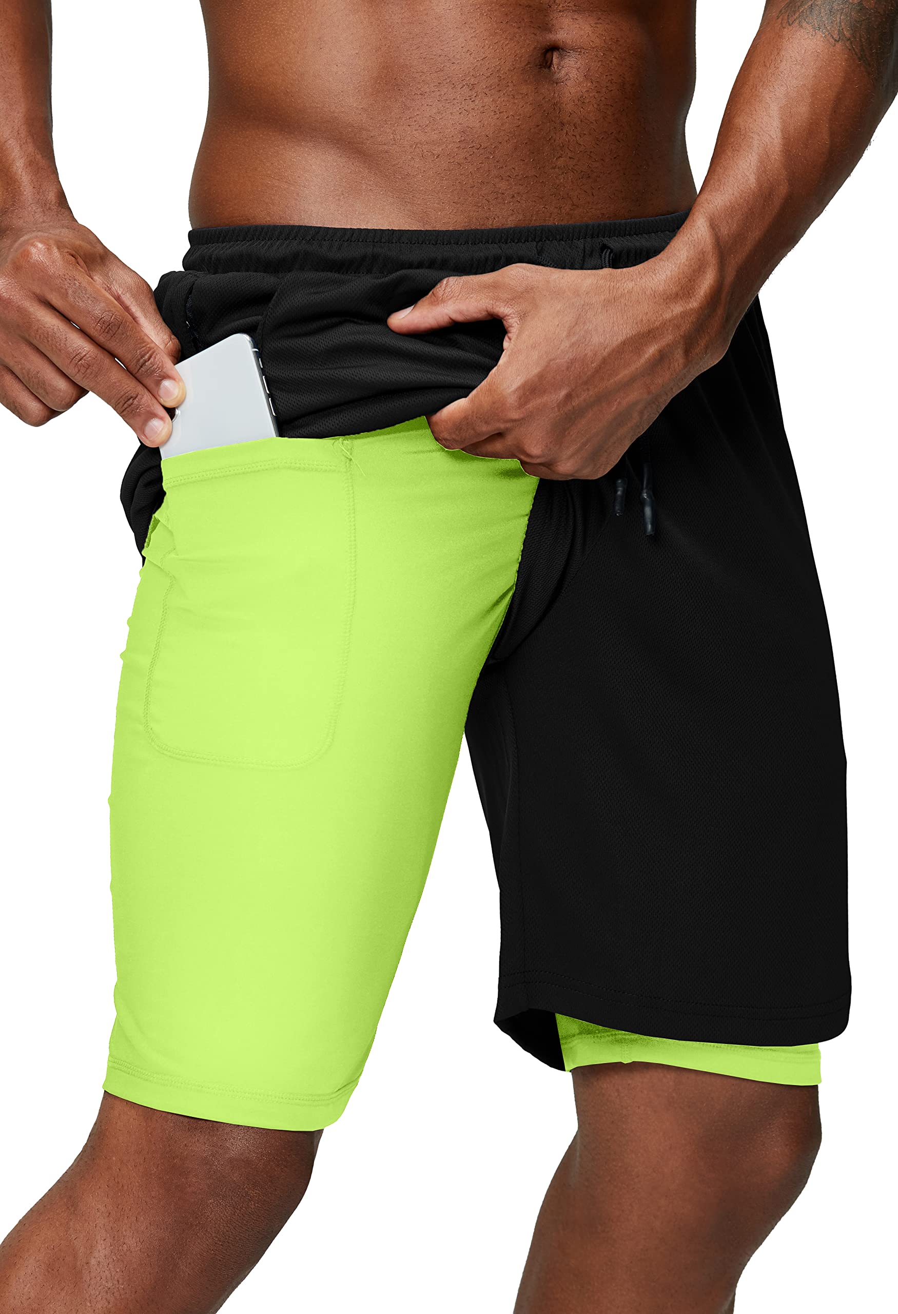 Pinkbomb Pantaloncini da uomo 2 in 1 per corsa, allenamento in palestra, ad asciugatura rapida e con tasca per cellulare