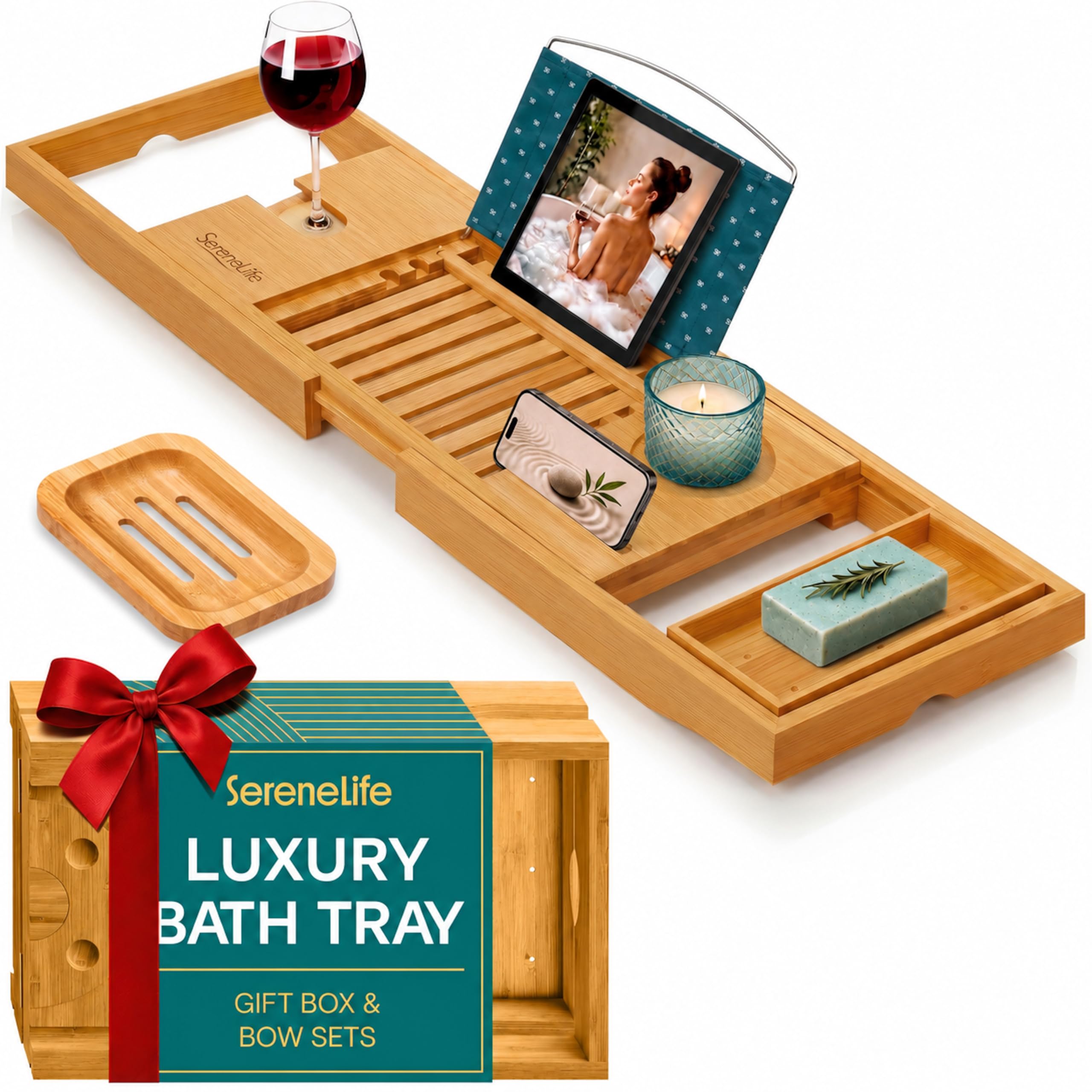 SereneLife Premium Bamboo Bathtub Tray Caddy