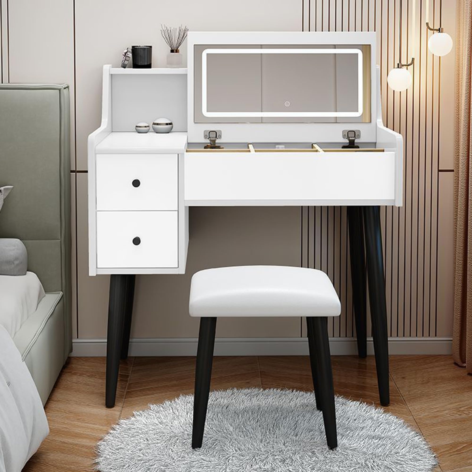 Espejo de tocador con luz LED con mesa de maquillaje abatible y armario de almacenamiento integrado con silla para dormitorio, mesa de tocador pequeña con espejo LED inteligente, resistente a los