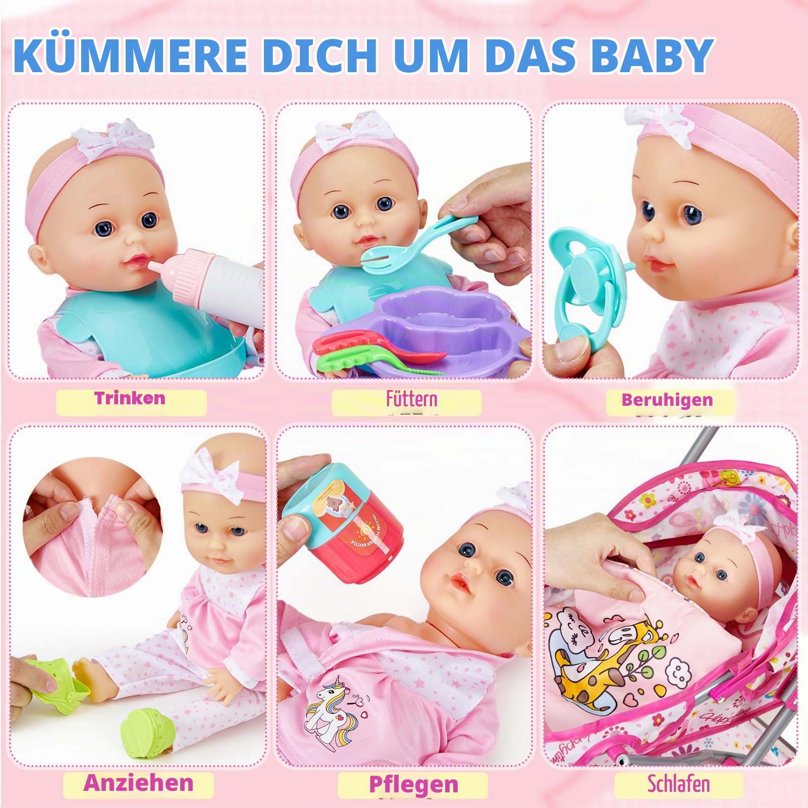 vamei Puppenzubehör für Baby Puppe, Puppen Zubehör mit Babypuppe & Puppenwagen & Schaukelpferd & Puppenkleidung, Fütterung und Pflege Set Rollspiel Spielzeug Geschenk Mädchen Kinder 2 3 4 5 6 Jahre