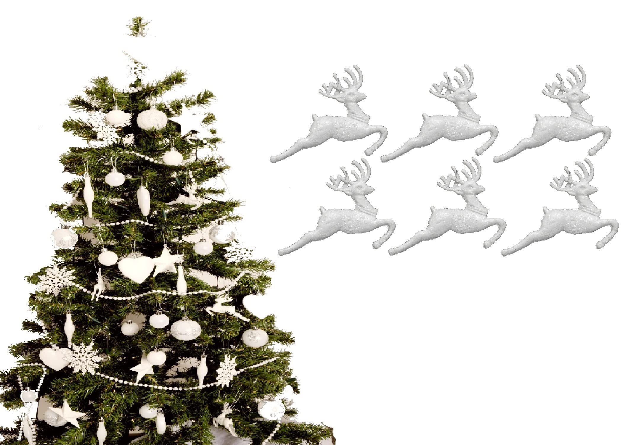 Pack of 6 - Hanging Glitter Reindeer Christmas Tree Decorations - 2.2cm x 9.5cm (White)