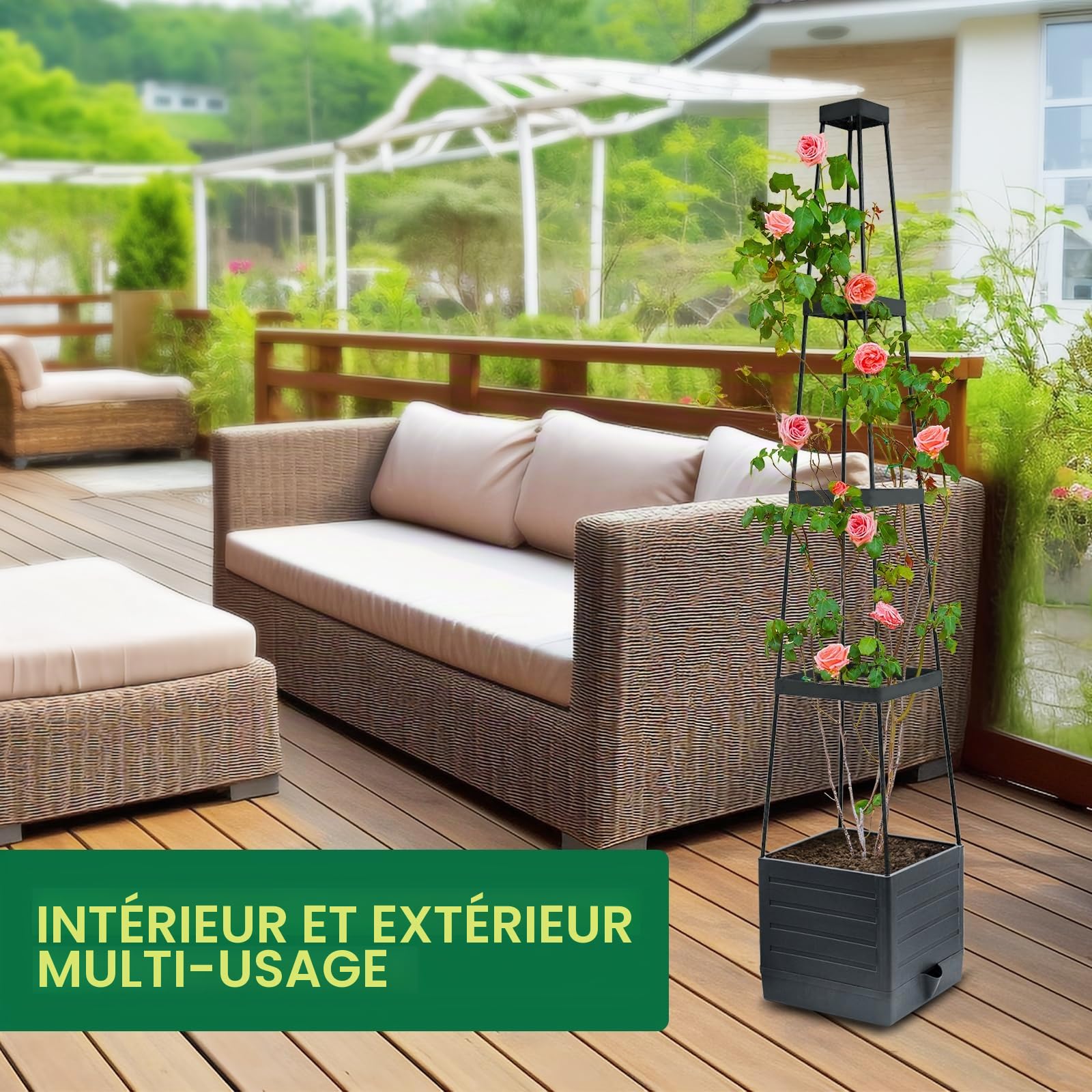 MYMULIKE Lot de 2 jardinières surélevées avec treillis, jardinière de 147 cm pour tomates avec cage et arrosage automatique, pour légumes grimpants, usage intérieur et extérieur