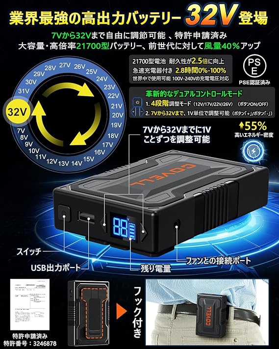 Wigreen 32V 空調服用電源 Amazon.co.jp: 空調冷風服 COVELL 32V専用バッテリー DC COVELL