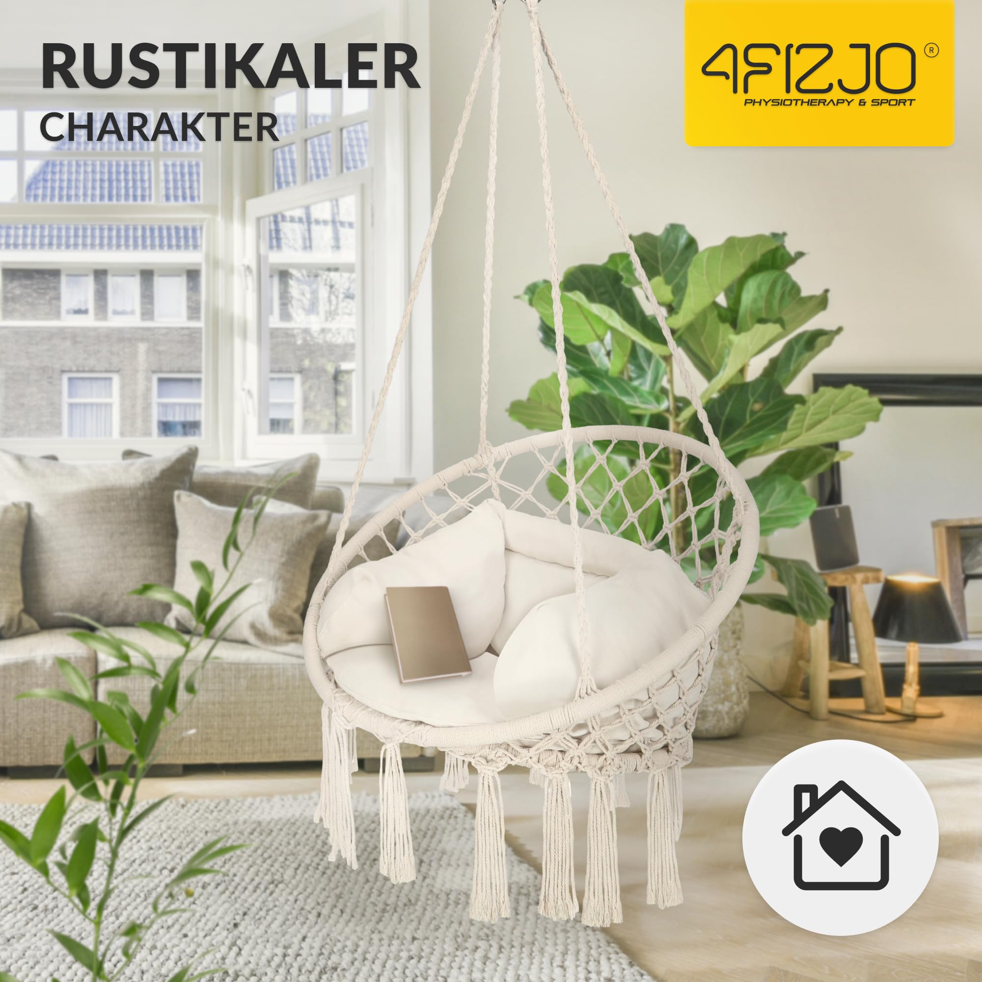 4FIZJO Hängesessel Boho mit Kissen, Makramee hängesessel, Garten schaukel, Hängekorb, Schaukelkorb, Therapieschaukel Kinder, Hängesessel Indoor & Outdoor, Hängesitz, Maximale Belastung 125 kg, Beige
