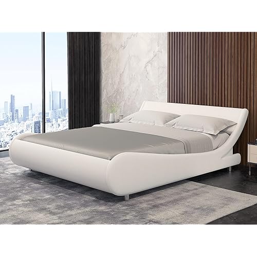 Modern Queen Upholstered Platform Bed Frame,Low Profile Bed Frames with Adjustable Headboard, Faux Leather Bed/No Box Spring Needed/Easy Assembly,White