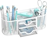 SUPEASY Mesh Desk Organizer, Desk Organizers and Accessories, Pen Holder with Drawers, Pencil Holder for Desk with 2 Drawer for Office Supplies, Black