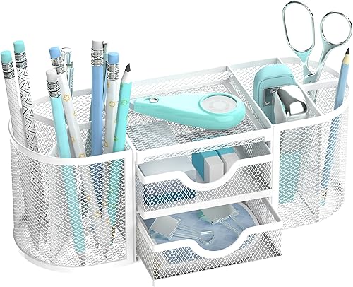 SUPEASY Organizador de escritorio de malla, organizadores de escritorio y accesorios, soporte para bolígrafos con cajones, soporte para lápices para