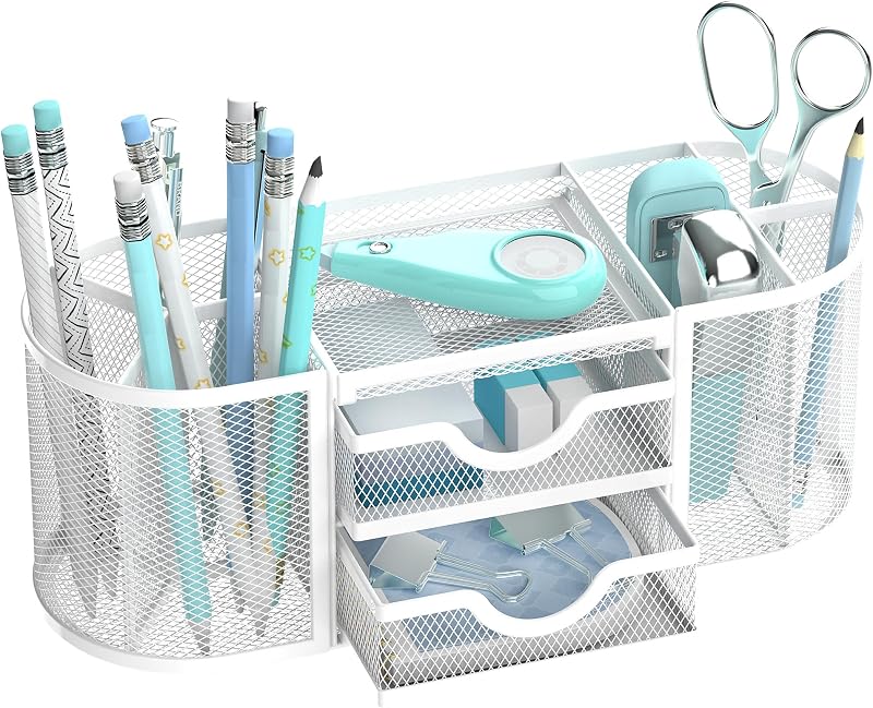 SUPEASY Mesh Desk Organizer, Pen Holder for Desk with 2 Drawers, White | Desk Organizers and Accessories with 8 Compartments and 2 Drawers, Pencil Holder for Desk for Small Office Supplies