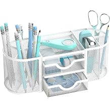 Mesh Desk Organizer, Pen Holder for Desk with 2 Drawers, White | Desk Organizers and Accessories with 8 Compartments and 2 Drawers, Pencil Holder for Desk for Small Office Supplies