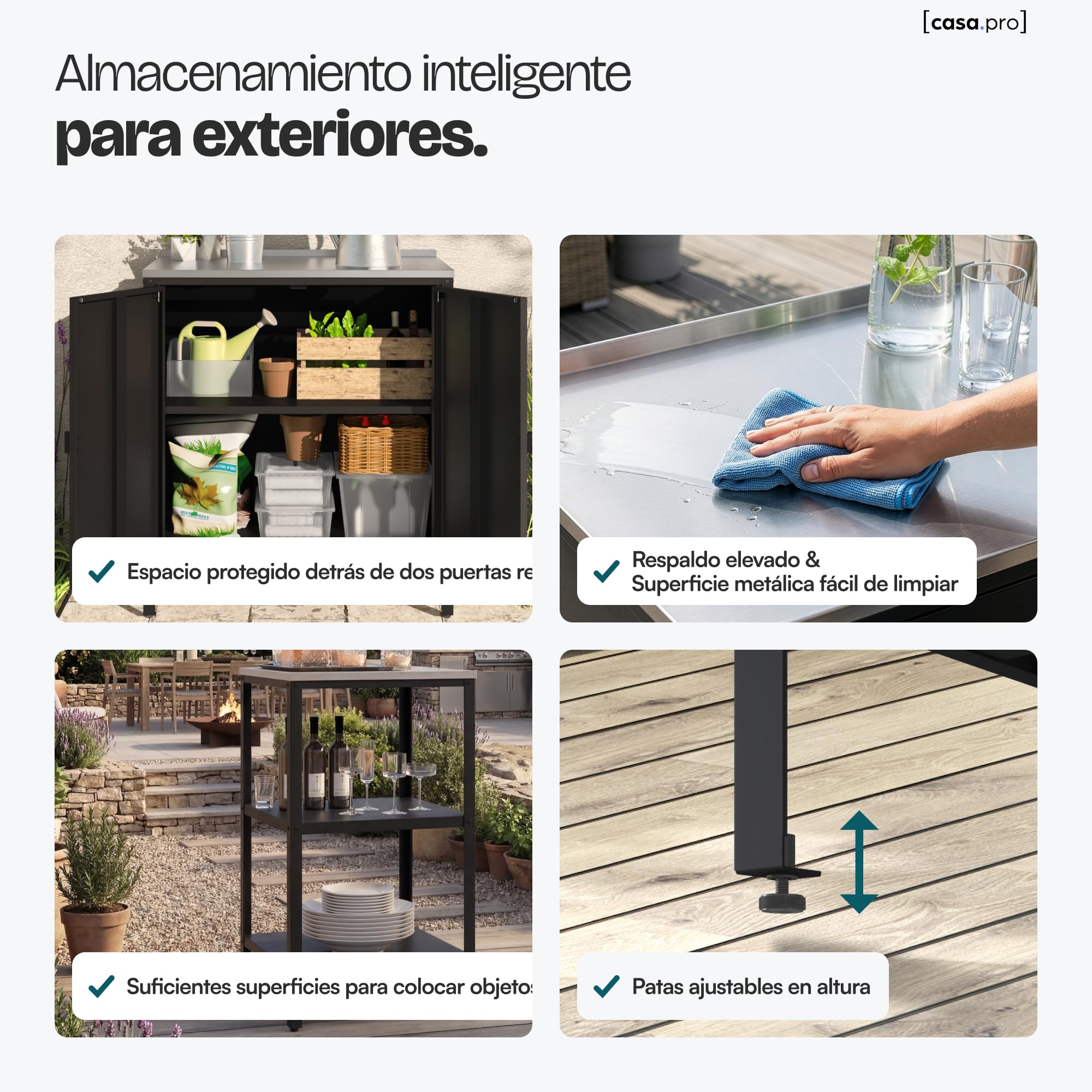 casa.pro Conjunto de Armario Exterior Bolognano Patas Regulables en Altura Encimera - 1 Armario + 1 Estantería de 3 Niveles Uso Interior/Exterior Almacenaje en el Jardín Acero - Plata y Negro