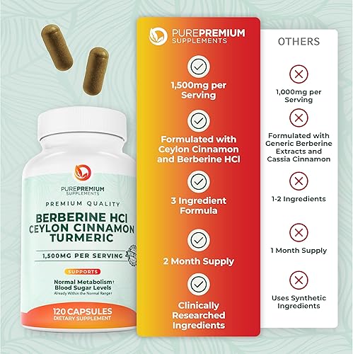 Miniatura 6 de PurePremium Berberina con complejo de canela de Ceilán  Suplemento de berberina de 1500 mg HCl, canela y cúrcuma Suplemento que soporta los niveles
