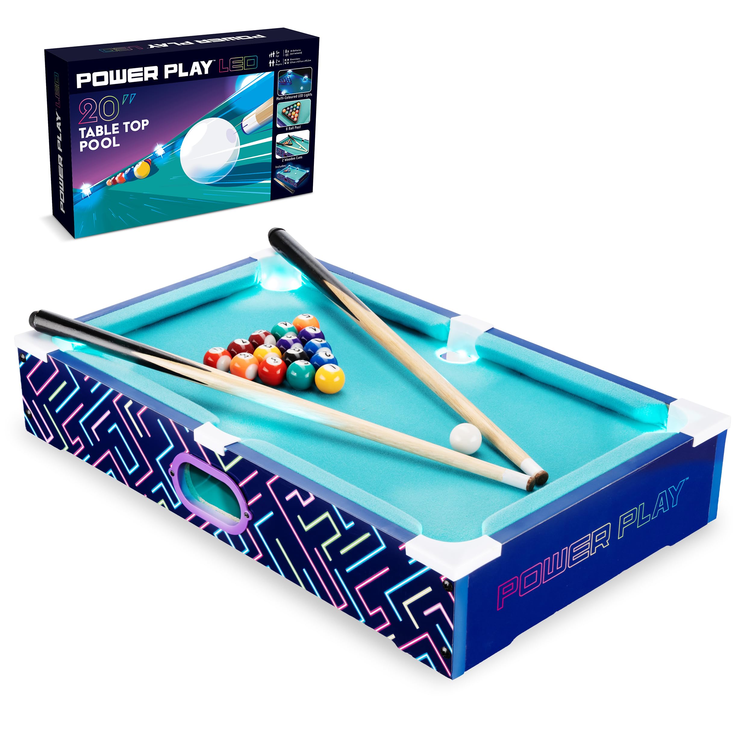 Power Play 20" LED Pool Table Top Game with Cues, Balls & Accessories