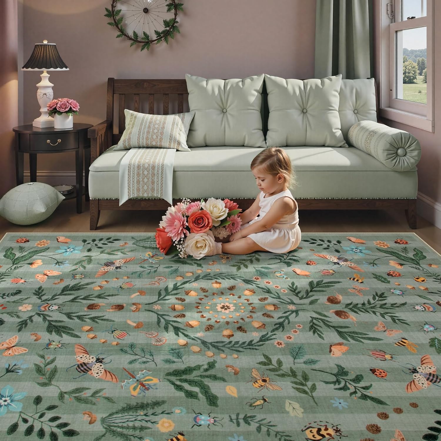 Lahome Chloe Insect Botanical Washable Rugs 8x10 Green Rug for Living Room, Boho Non Slip Rugs for Bedroom, Indoor Throw Dining Room Rug for Under Table Carpet for Home Office Playroom(Green,8x10)