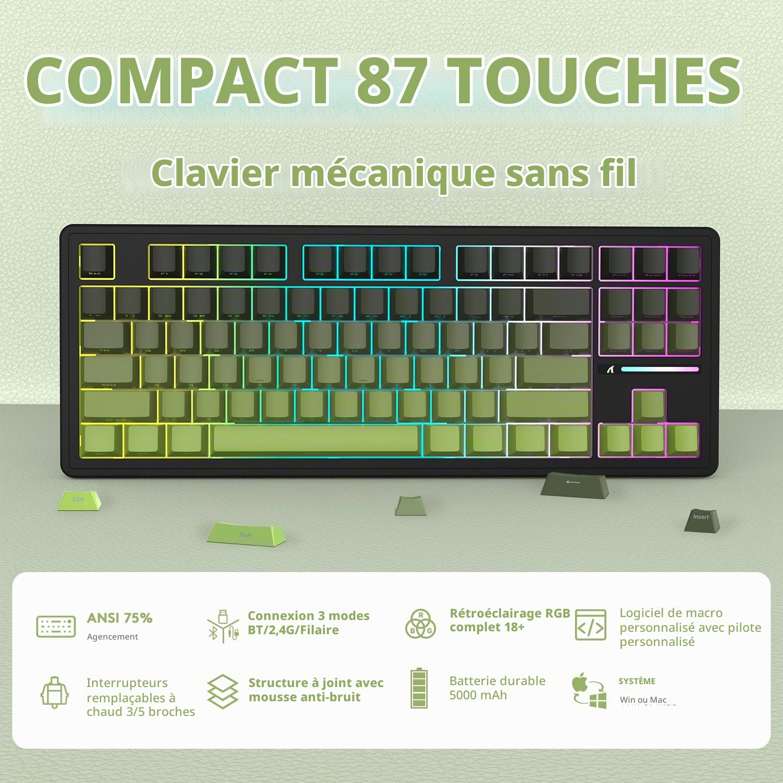 LexonElec x Attack Shark M87 Clavier de Jeu sans Fil à 75%, BT5.0/2,4G/Filaire, 27 RGB Backlit, Clavier Mécanique Hot-Swap Switch Linear, QWERTY Touches Dégradé PBT à Impression Latérale - Noir/Vert