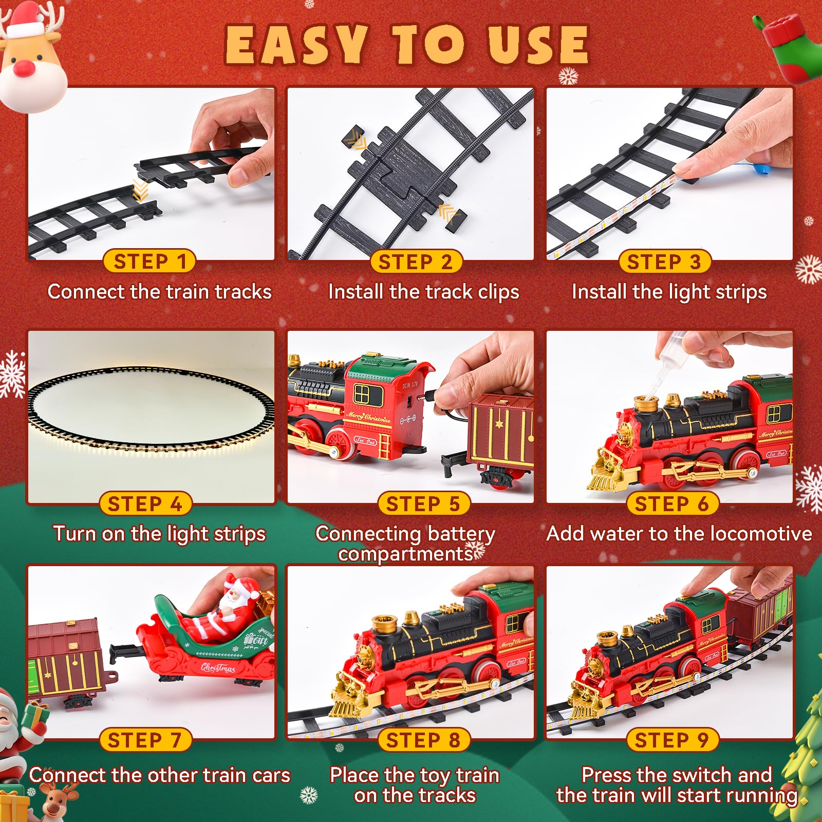 Tren Eléctrico de Navidad con Riel Luminoso - Tren Navideño para Árbol con Luces LED Cálidas, Spray y Sonido, Set Clásico de Trenes de Navidad para Niños 3 Años o Más - Regalo Mágico