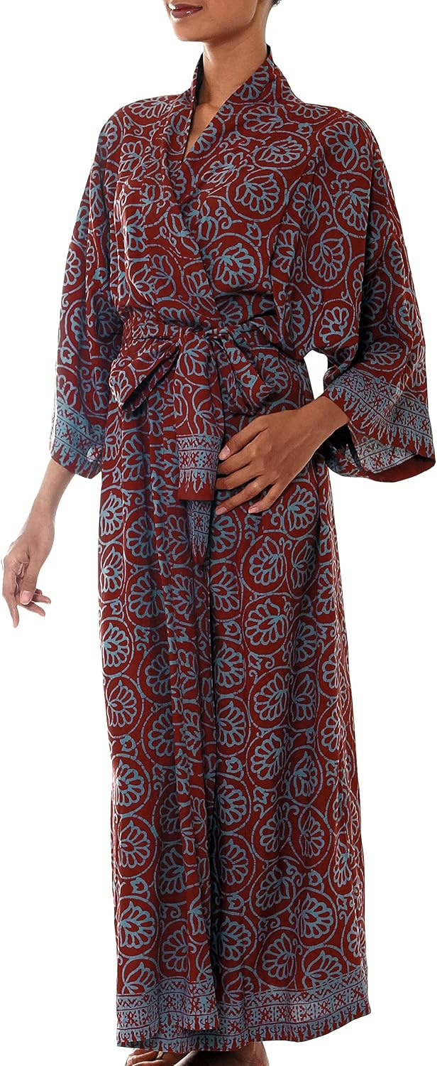 NOVICA Artisan Robe Rayon Cotton | Handcrafted Long Batik Art | Sleepwear V Neck Casual | Loungewear | Knit Bathrobe | Belted Tie Closure | Scuba Patterned | Indonesia Floral 'Morning Aster'