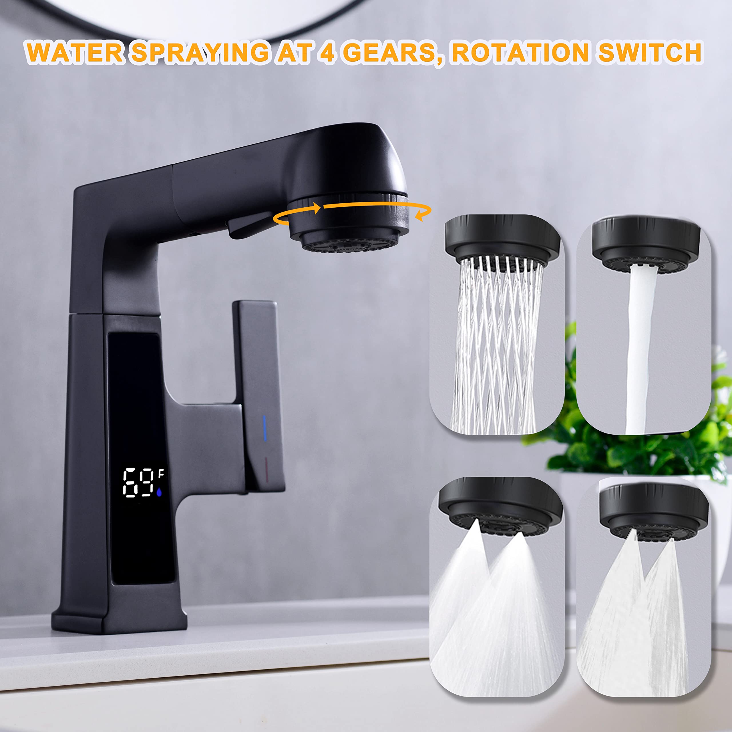 Qeemee LED Bathroom Faucet with Pull Out Sprayer, Matte Black Temperature Digital Display Sink Faucet 5 Water Flow Modes with 360?? Swivel Spout Single Handle Lift Brass Faucet