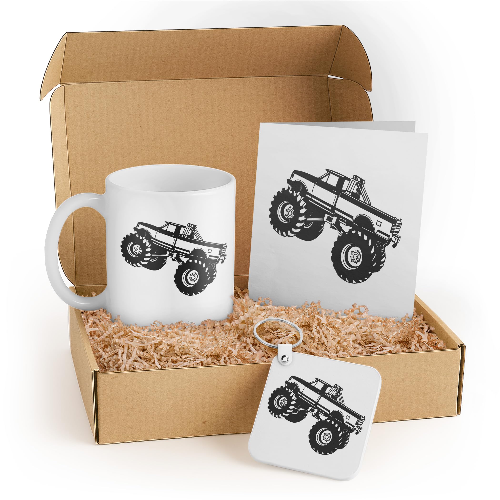3dRose Monster Truck Lover Gift Set - Mug, Keychain, and Card - Black Truck Design - Perfect for Kids, Party Favors, and Enthusiasts