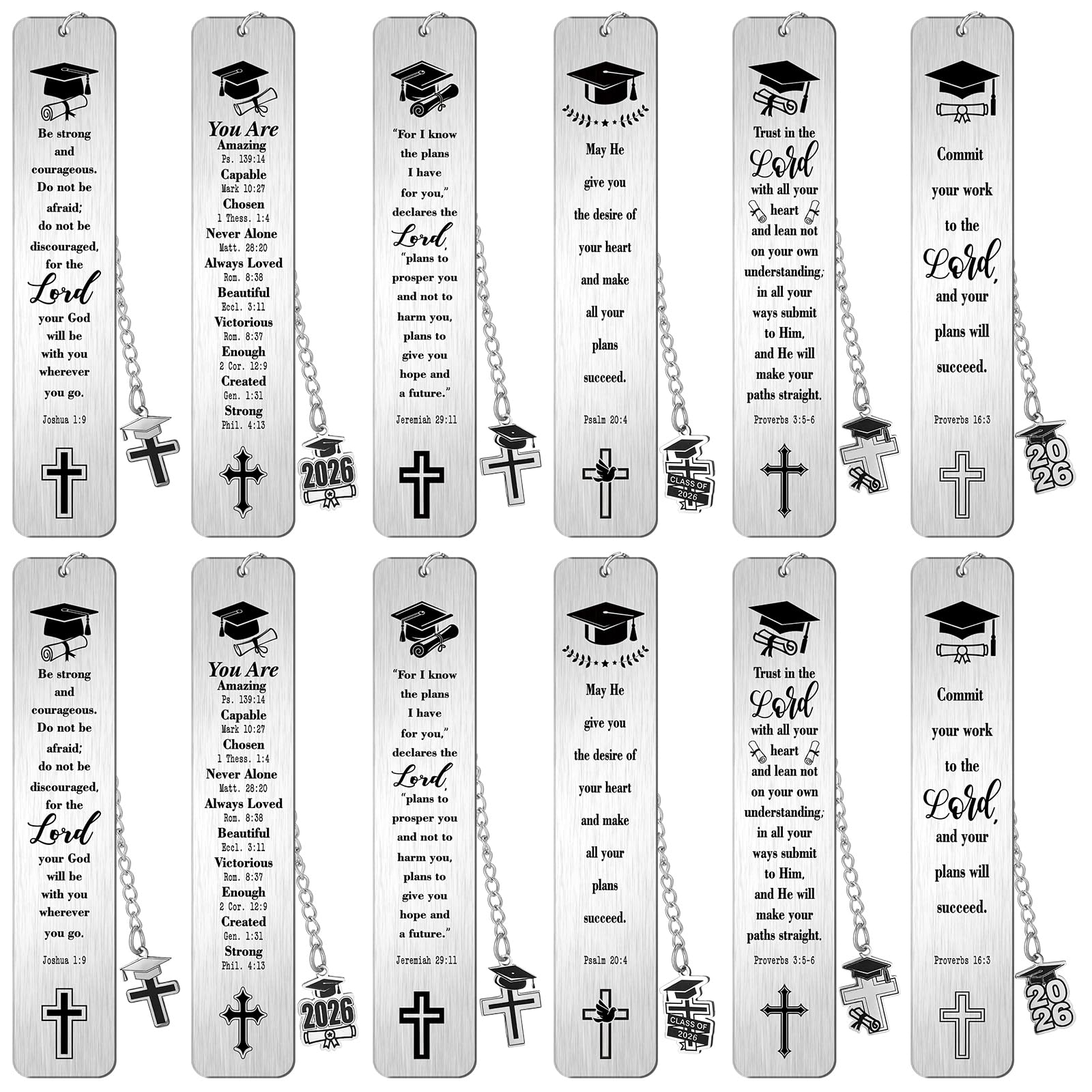 12 Pcs Metal Bible Verse Bookmark Christian Graduation Gifts Inspirational Cross Chain Religious Graduation Gift Class of 2026 for Graduates College High Middle School Student Grad Him Her
