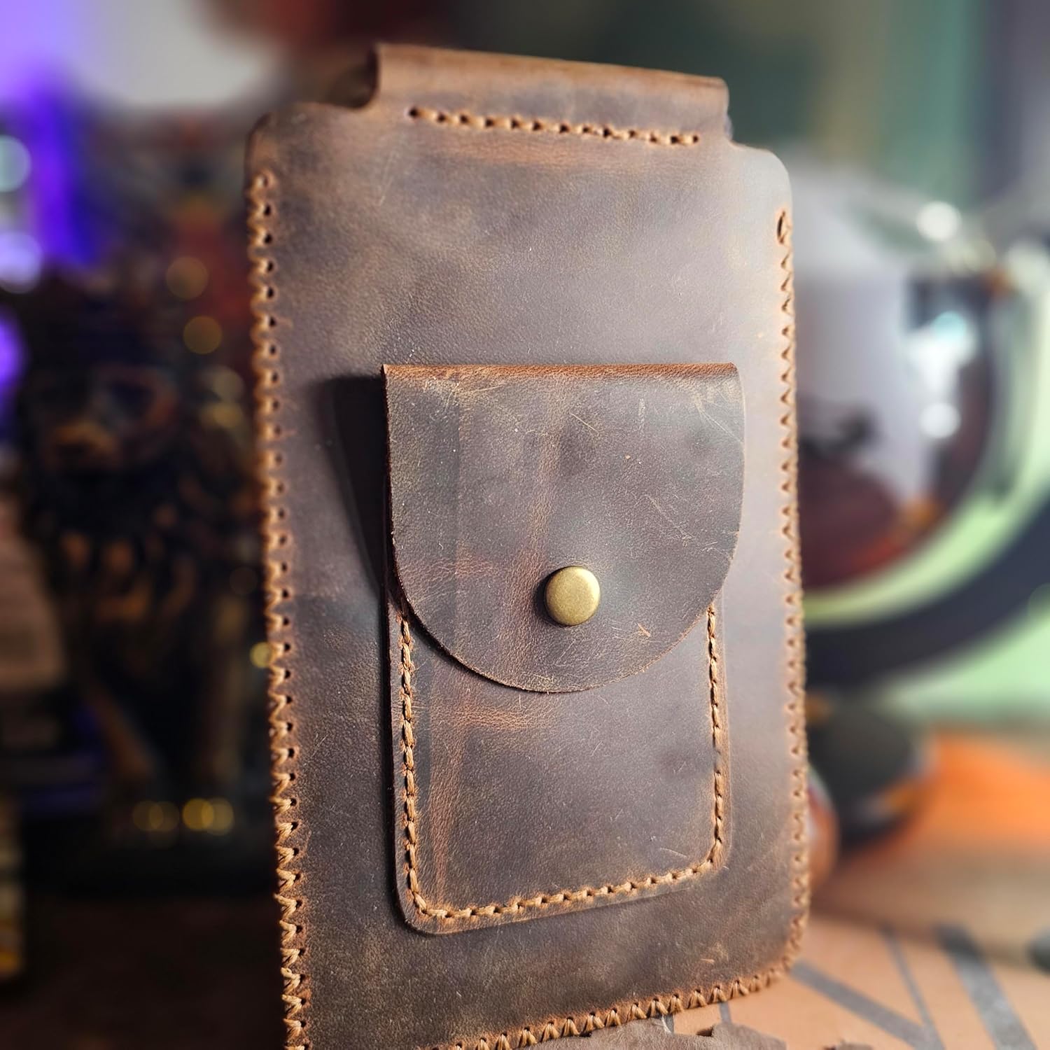 Handmade Brown Leather Phone Case – Slim Leather Phone Cover with Strap, Soft Phone Pouch, Hand-Stitched Phone Holder for iPhone & Android