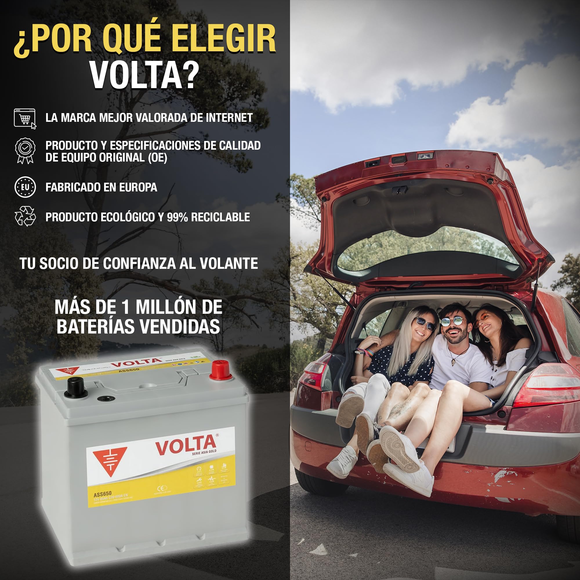 Batería de Coche Start-Stop EFB 65Ah 600 AEN - Volta Gold Asia ASS650D - Sistema Start-Stop - Borne +Derecha - Medidas Largo 230 x Ancho 173 x Alto 225 mm con 2 Años Garantía - Fabricación Europea