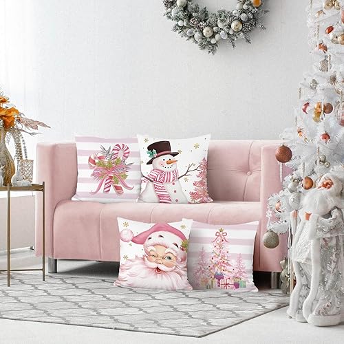 Miniatura 3 de Bonhause Juego de 4 fundas de almohada rosas de Navidad de 18 x 18 pulgadas, Papá Noel, muñeco de nieve, bastón de caramelo, árbol de Navidad,