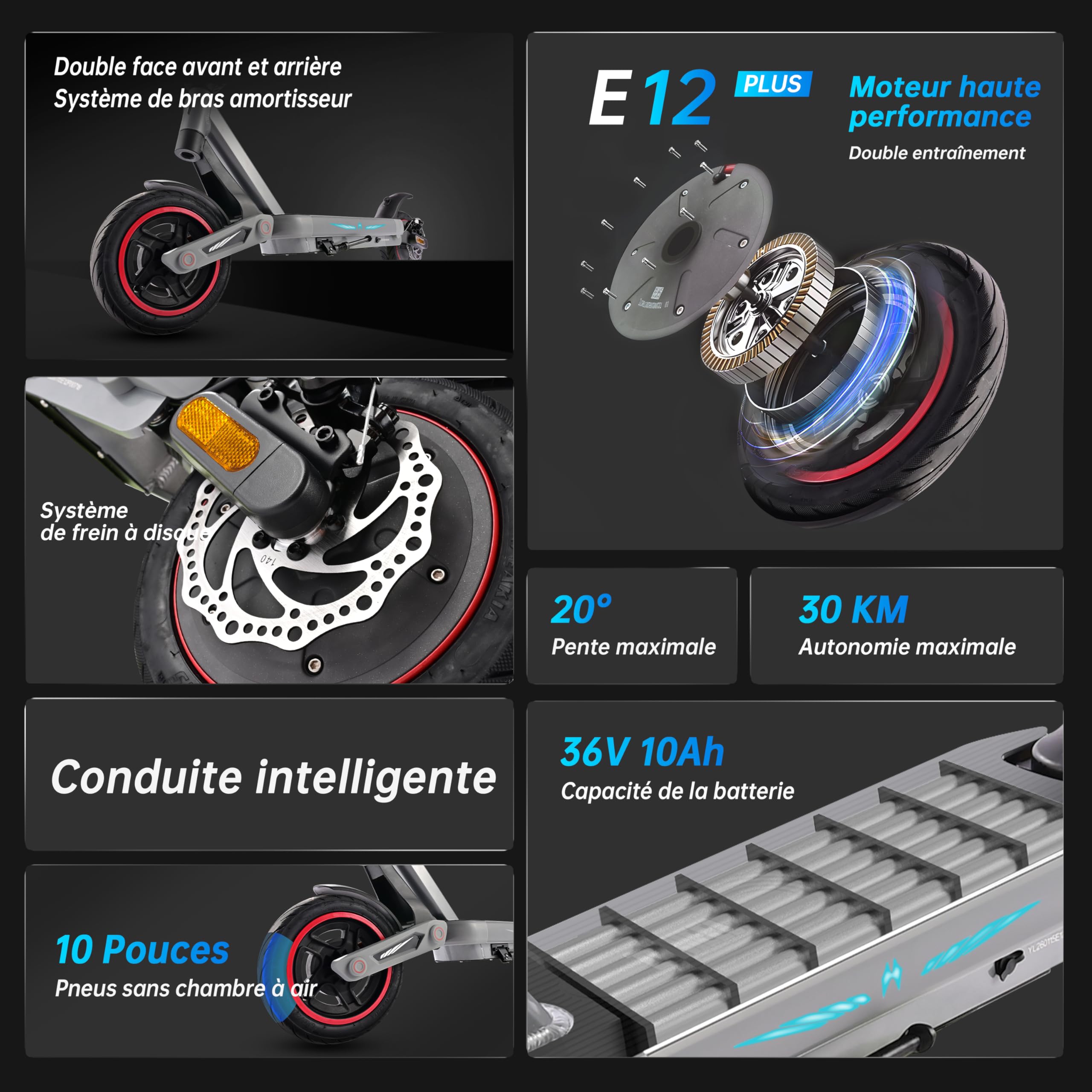 E12 Patinete Eléctrico para Adultos, Neumáticos Confort de 10 Pulgadas, Batería Alta Capacidad 36V 10Ah para Autonomía Prolongada, Scooter Eléctrico Plegable Sport con Doble Freno