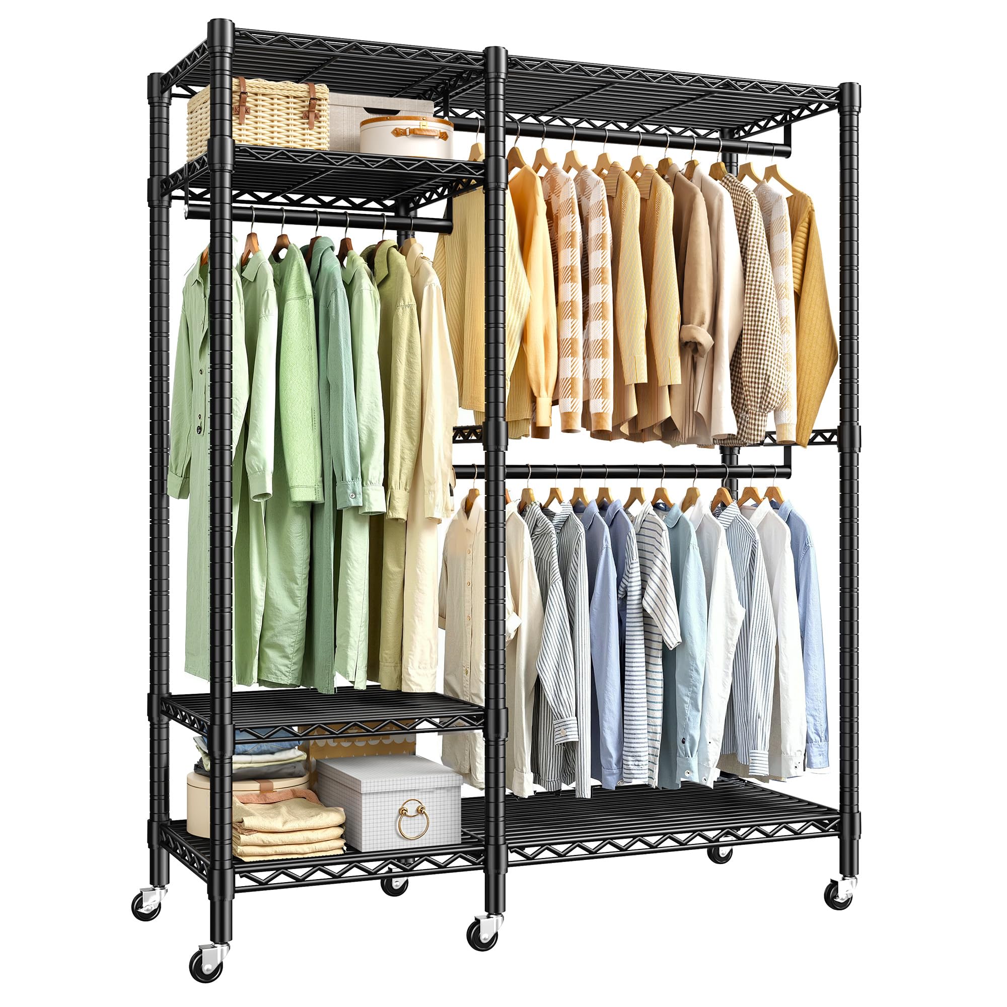 Raybee Portable Closet 780LBS, Heavy Duty Clothes Rack, Rolling Freestanding Clothing Rack with 3 Hanging Rods & 6 Shelves, Adjustable Wardrobe Closet Organizer System