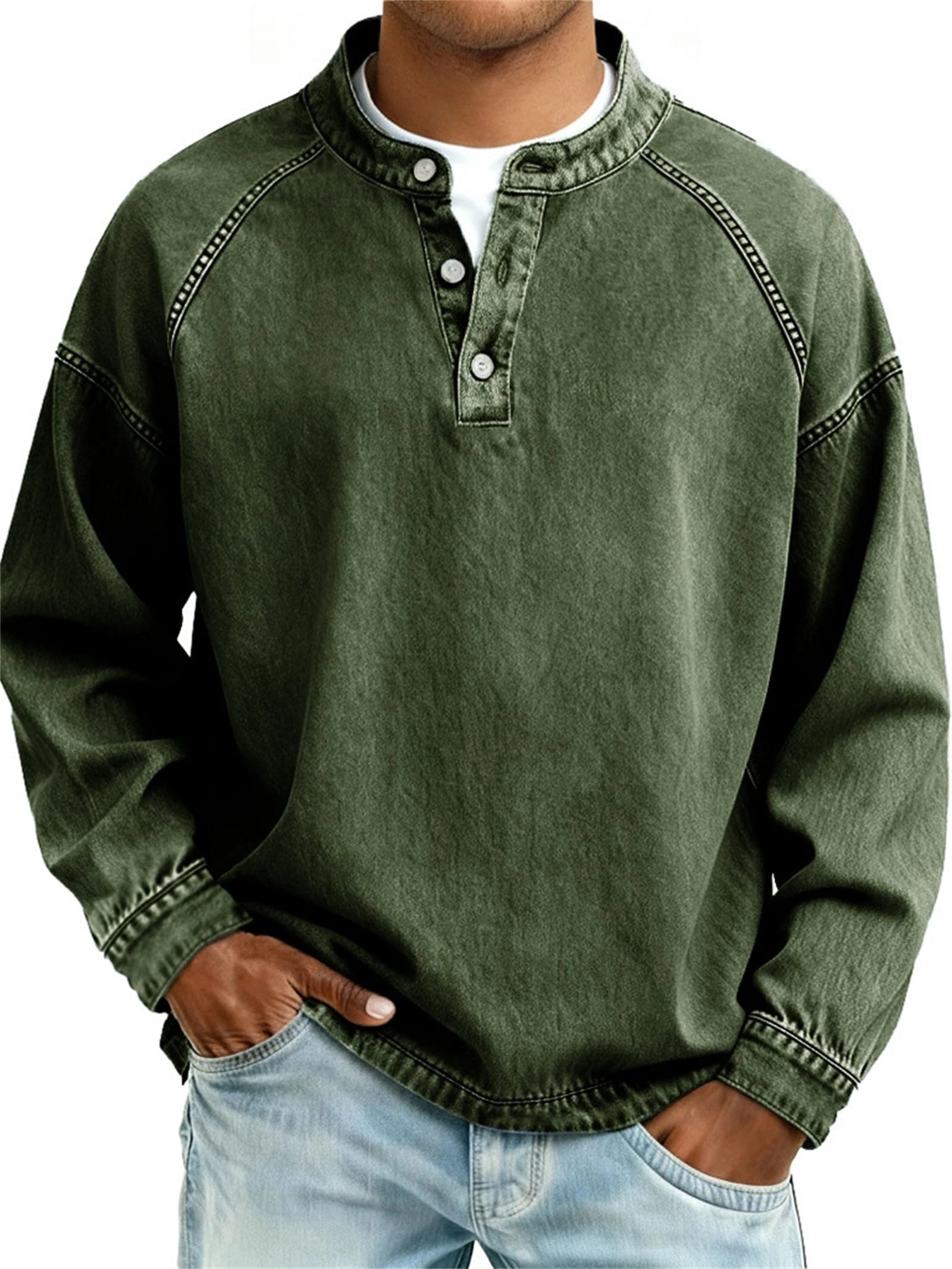 Camisa de color lavado con botones y cuello en V para hombre, color liso, casual, desgastada, lavada al ácido