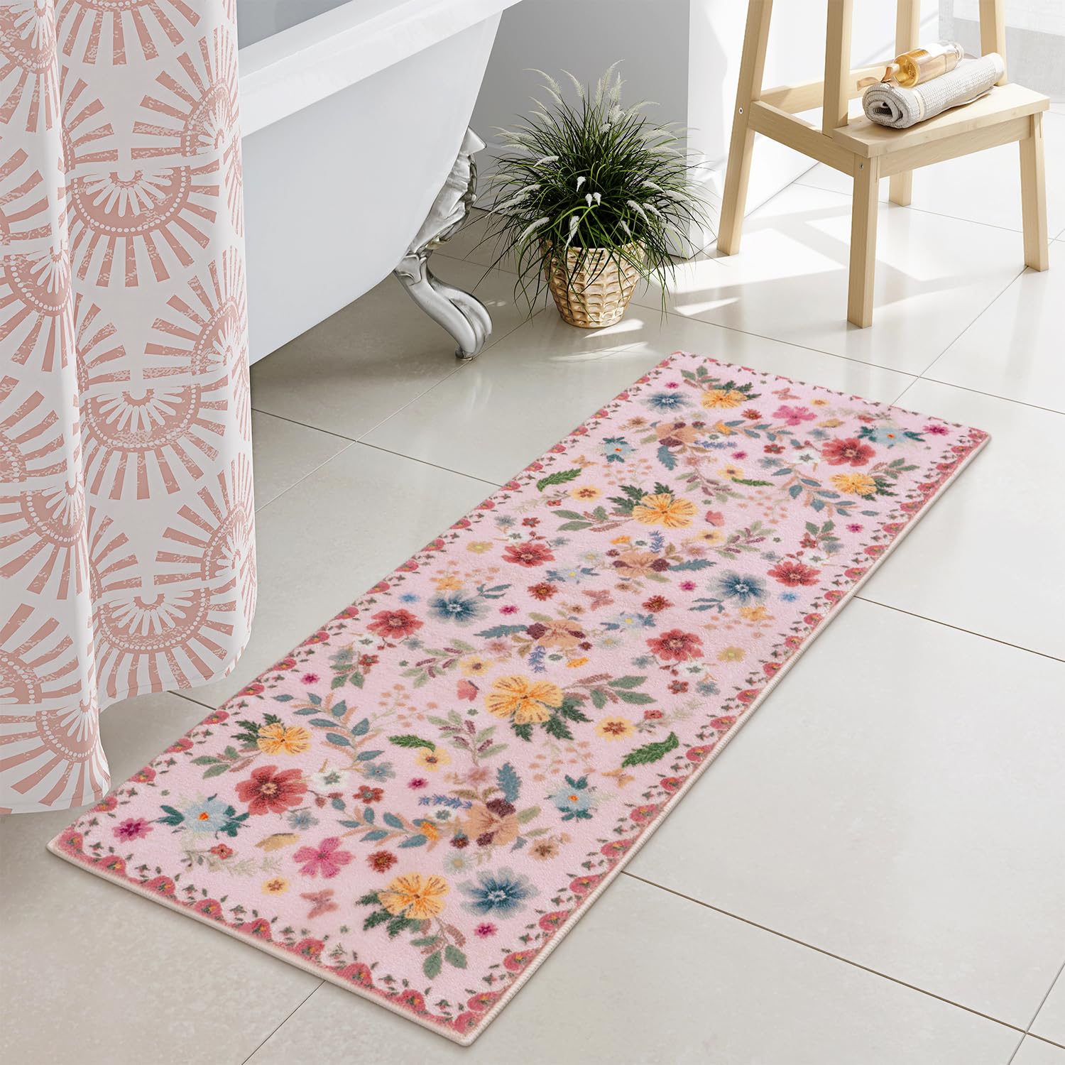 Uphome Cute Bathroom Runner, Pink Floral Long Bathroom Rug, Boho Ultra Soft Non-Slip Bath Mat, Machine Washable Colorful Flower Large Rugs for
