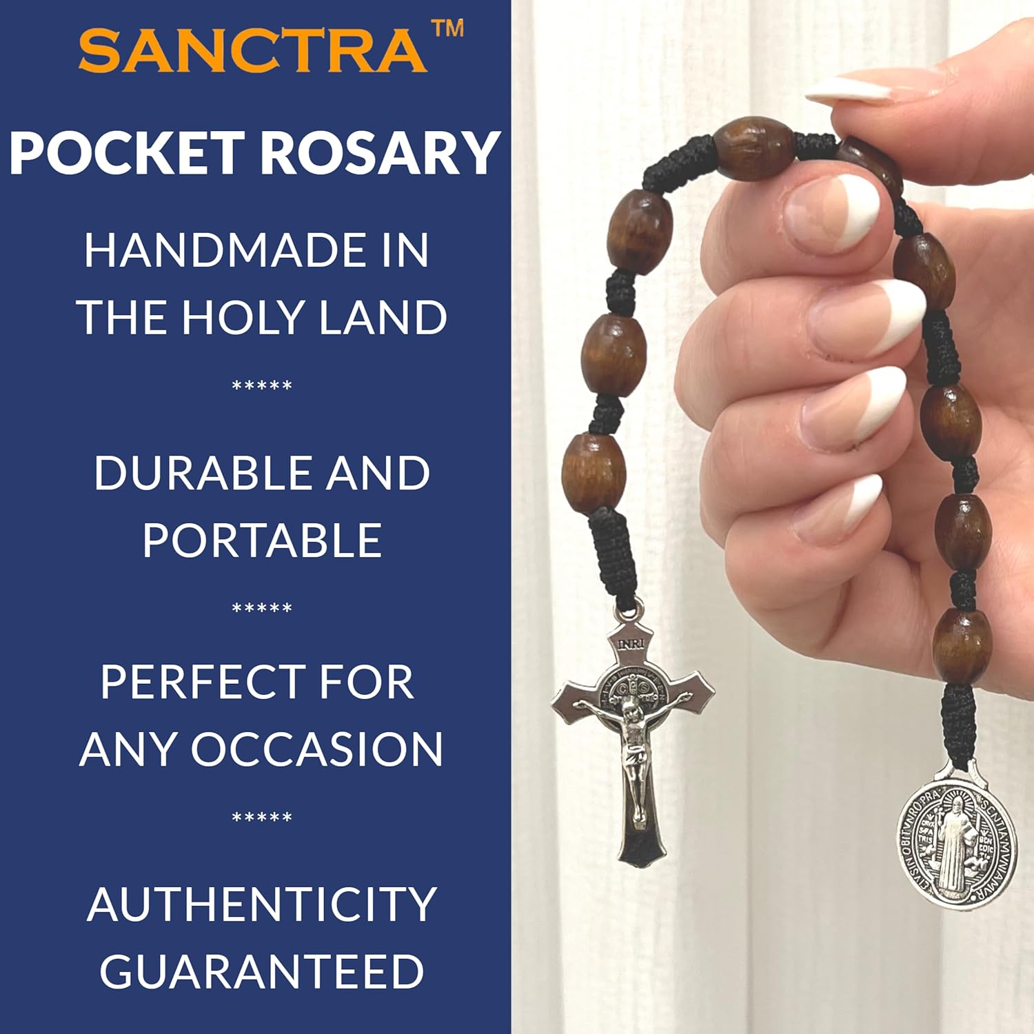 Pocket Rosary, Handmade and Blessed in the Holy Land, Prayer Beads with Saints Medal and Cross/Crucifix, Gift Pouch and Certificate of Authenticity - Image 4