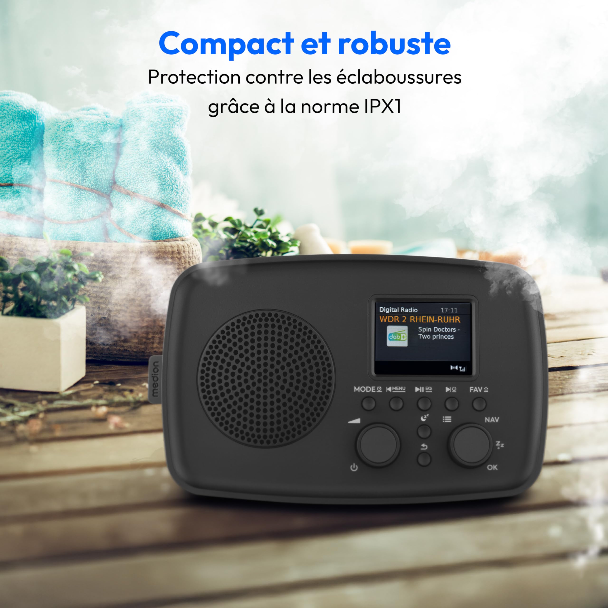 MEDION Radio Dab+ avec Bluetooth DRE-1 (Dab Plus, Radio FM, Protection Anti-Gouttes, antenne télescopique, réveil, Fonction Snooze, variateur d’Affichage, système d’Alerte d’Urgence ASA), Noir