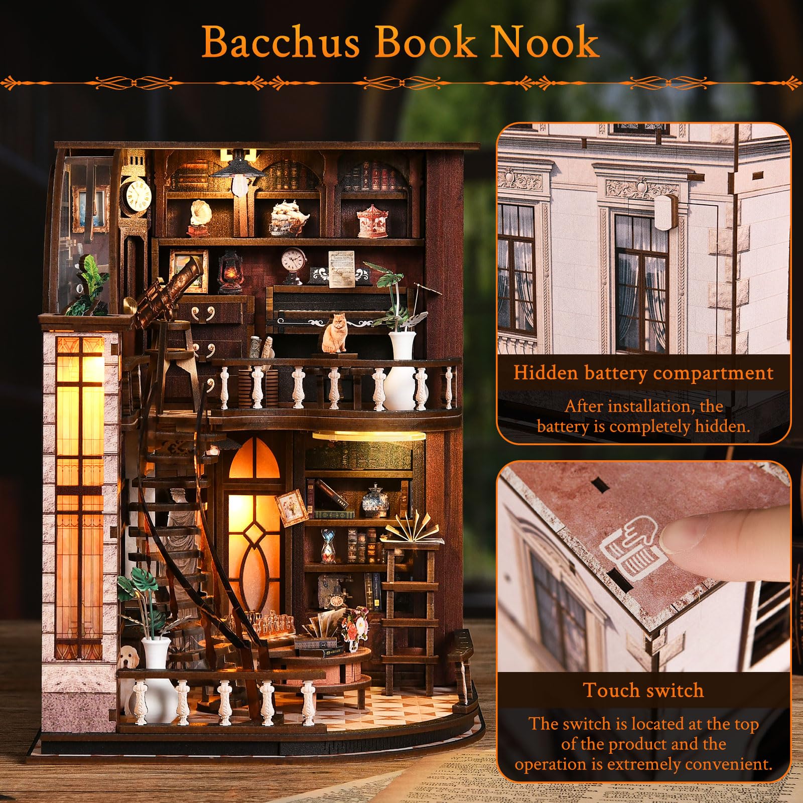 Shrike Zestaw książek DIY – wkład do regału na książki i drewniane puzzle 3D dla dorosłych i młodzieży, podświetlana miniaturowa diorama LED, zestaw do majsterkowania z instrukcją (może nie być