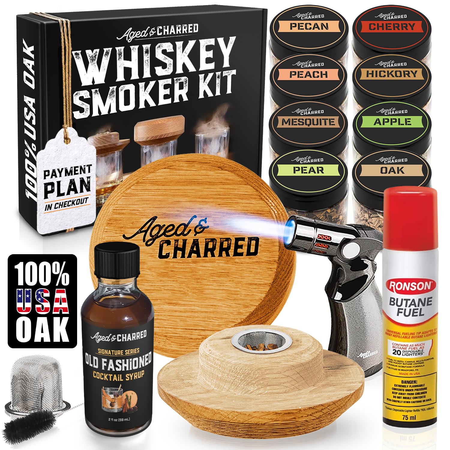 Aged & Charred Cocktail Smoker Kit for Whiskey and Bourbon - and Smoke Lid for Smoke Infusion in Cocktails and Drinks - With Wood Chips, Torch and Butane Refill - for Dad, Husband