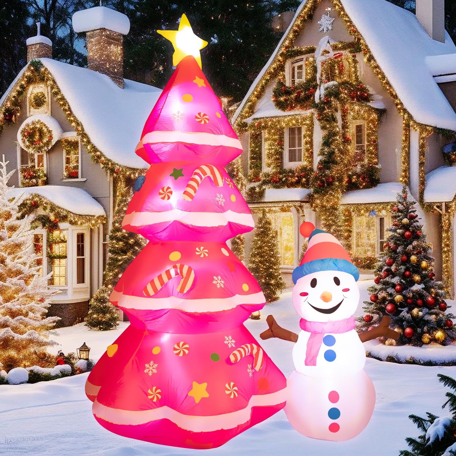7FT Christmas Inflatables Cute Inflatable Christmas Tree with Snowman Christmas Decorations Outdoor Christmas Blow Up for Yard, Outside, Built-in LED Lights with Tether