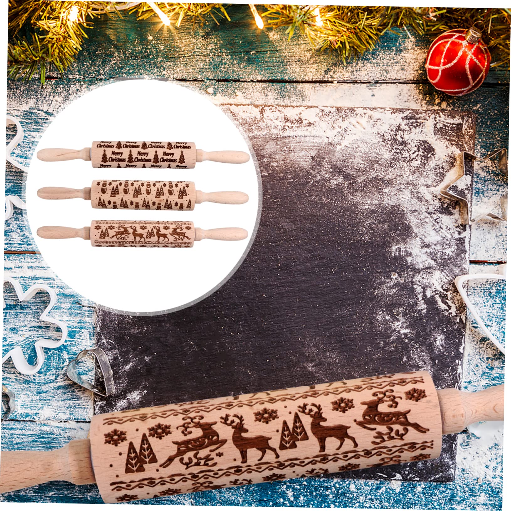 Ciieeo 3piezas Rodillo De Madera Para Hornear Rodillo Navideño Para Amasar Masa Para Hornear Casero